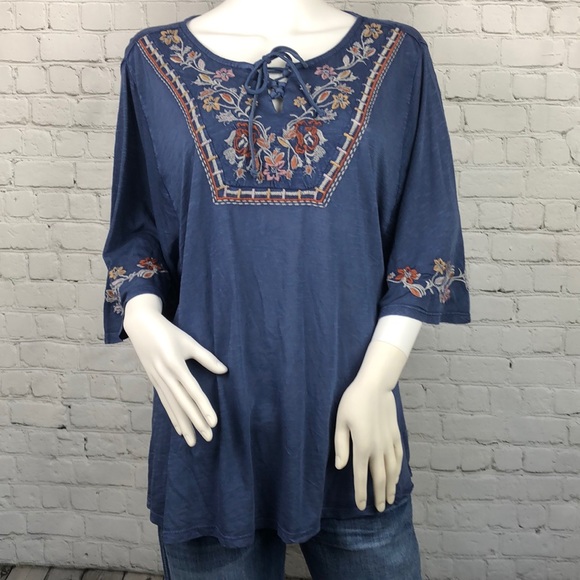 Style & Co Blue Embroidered Boho Top Size L & 1X - Picture 2 of 3